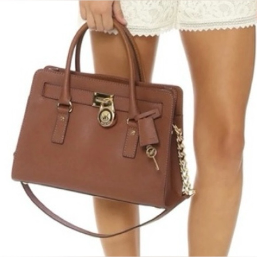 Authentic Michael Kors Hamilton Saffiano Tan Leather Sachel with lock and key